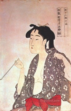 Bijin Oil Painting - woman smoking Kitagawa Utamaro Ukiyo e Bijin ga